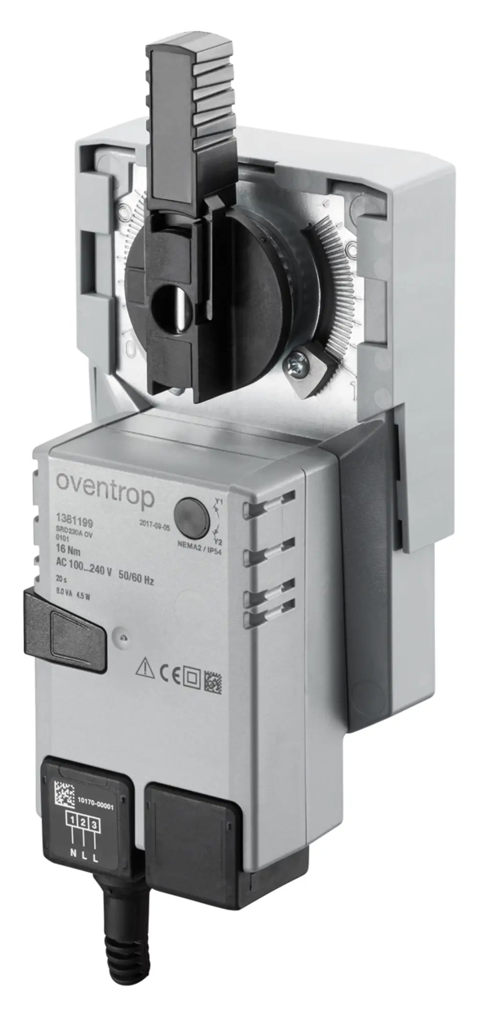 Oventrop Stellmotor mit einstellbarem Regler und Anschlussmöglichkeiten, montiert auf einer grauen Rückwand, zeigt die Typbezeichnung und technische Details auf der Unterseite.